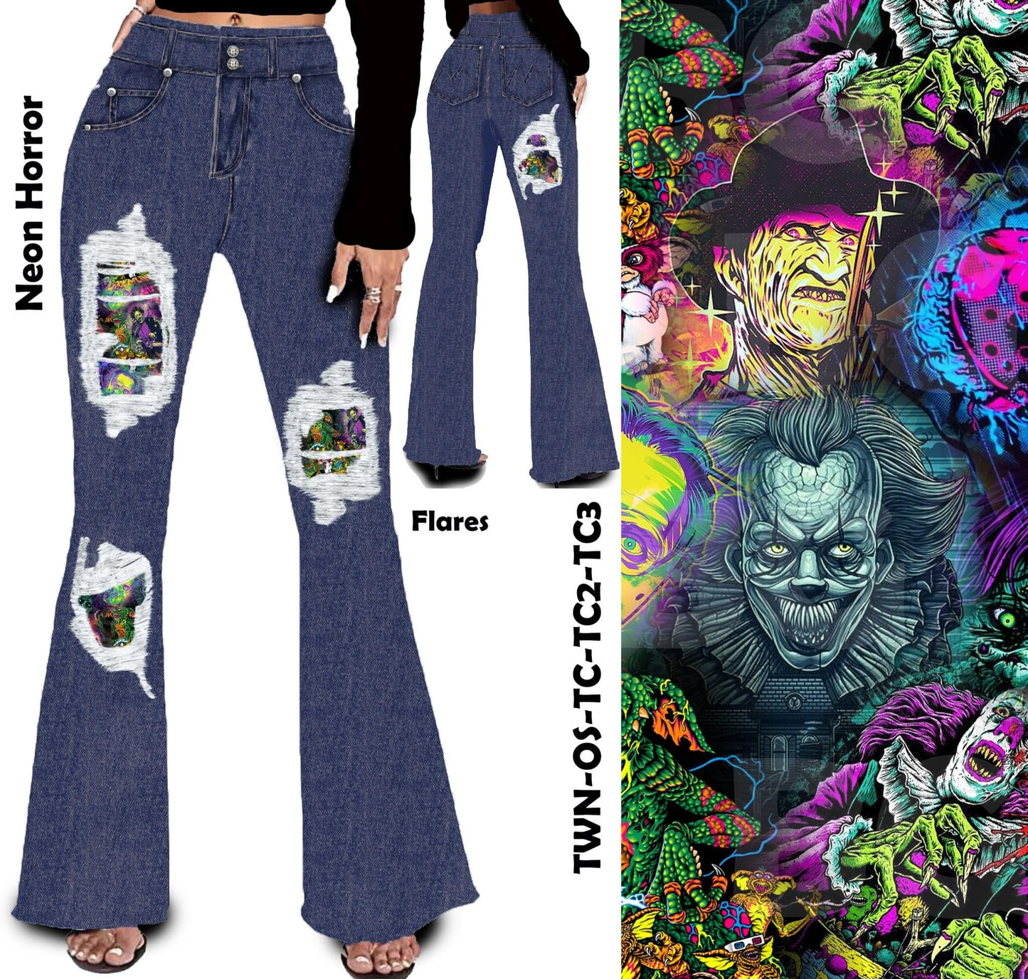 Neon Horror Peek A Boo Faux Denim Yoga Flares with Pockets