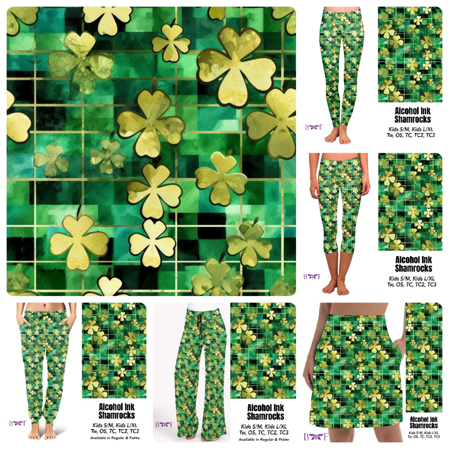 Alcohol Ink Shamrocks capris and skorts with pockets