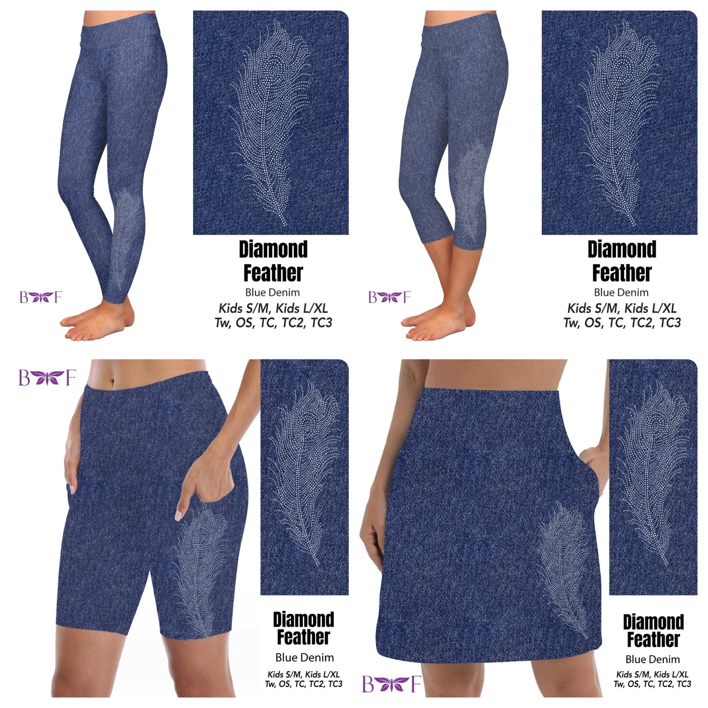 Gemstone Diamond Feather on Faux Blue Denim capris and leggings with pockets REAL gemstones