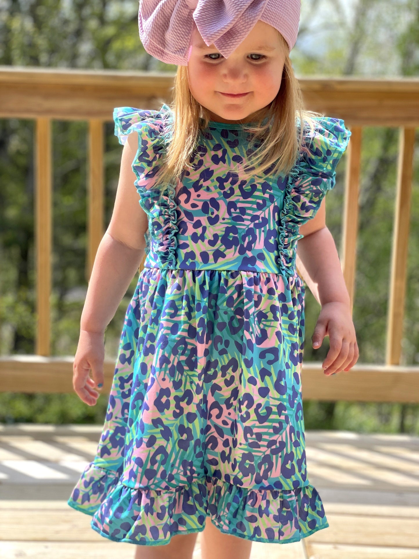 Teal and Pink Leopard Ruffle Sleeveless Dress