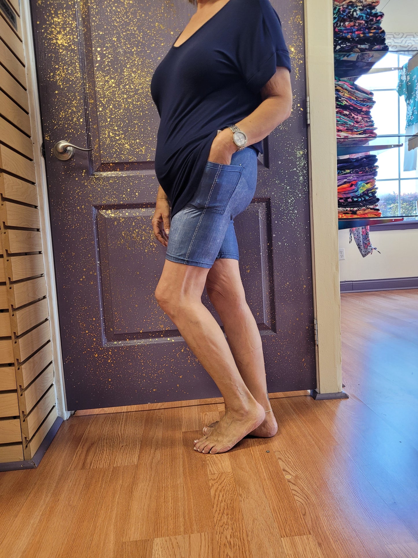 Faux Denim Blue & Black biker shorts