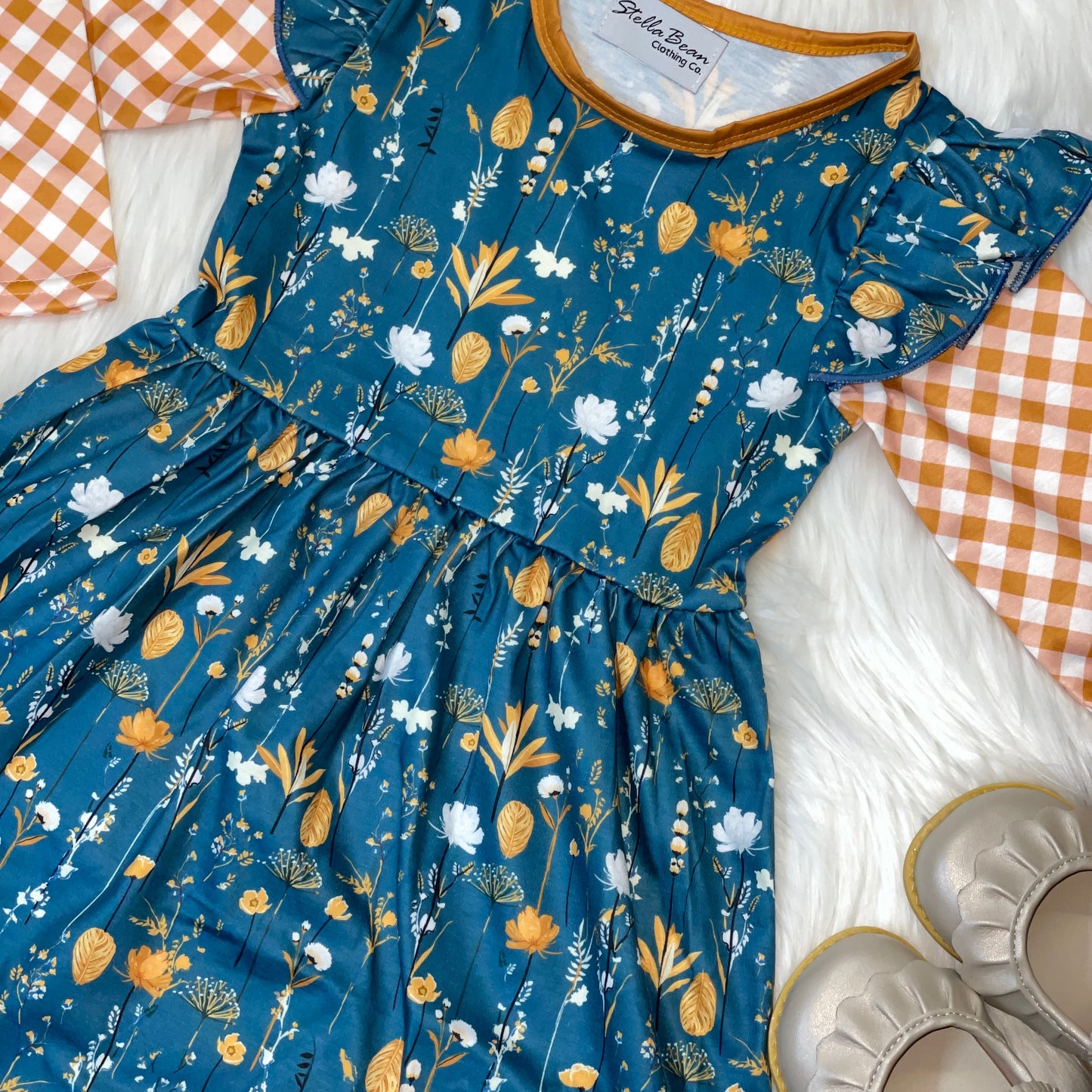 Blue & Gold Floral Long Sleeve Dress