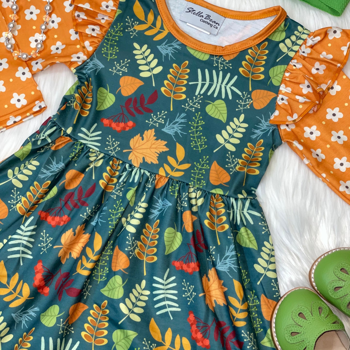 Green & Orange Fall Leaves Print Long Sleeve Dress