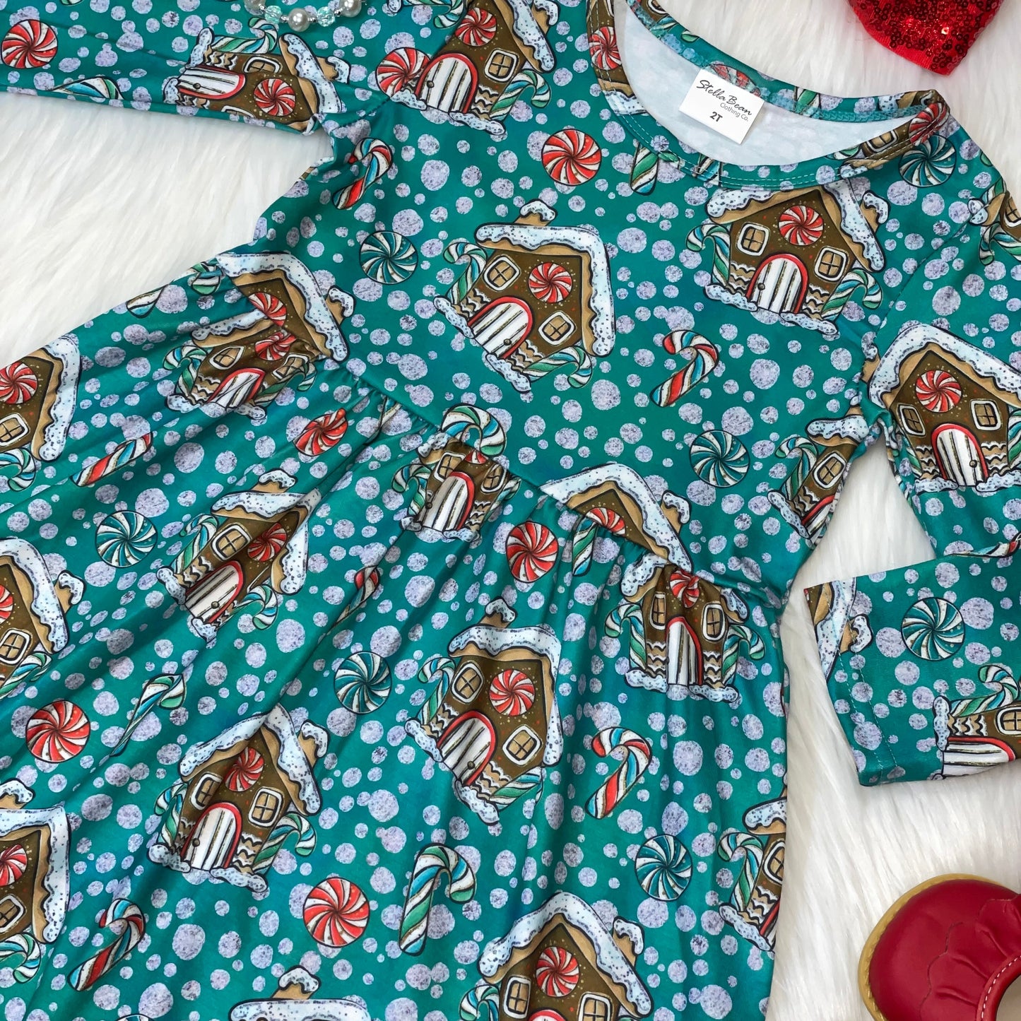 Teal Gingerbread House & Peppermints Printed Long Sleeve Dress