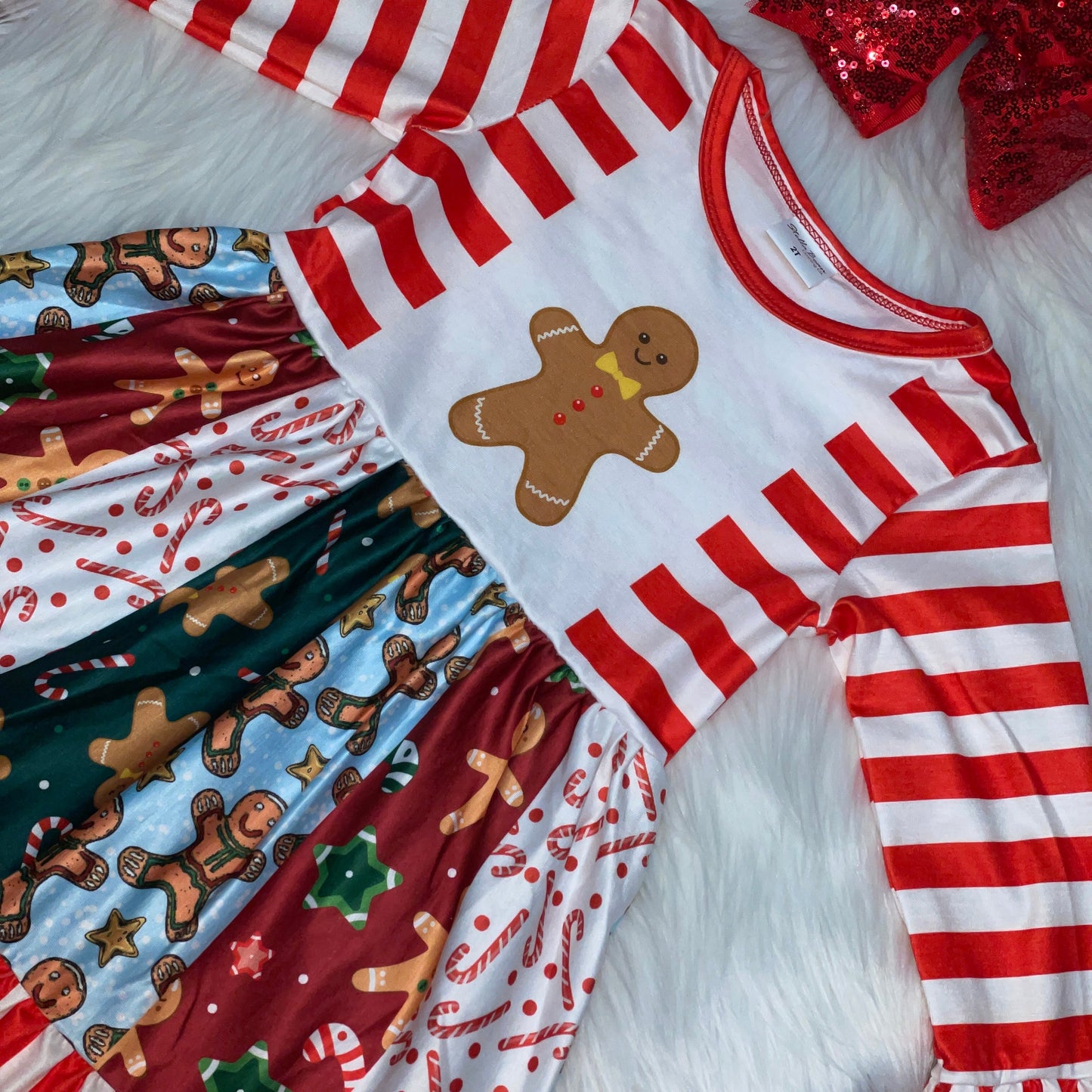 Red & White Gingerbread Cookie Panel Long Sleeve Dress