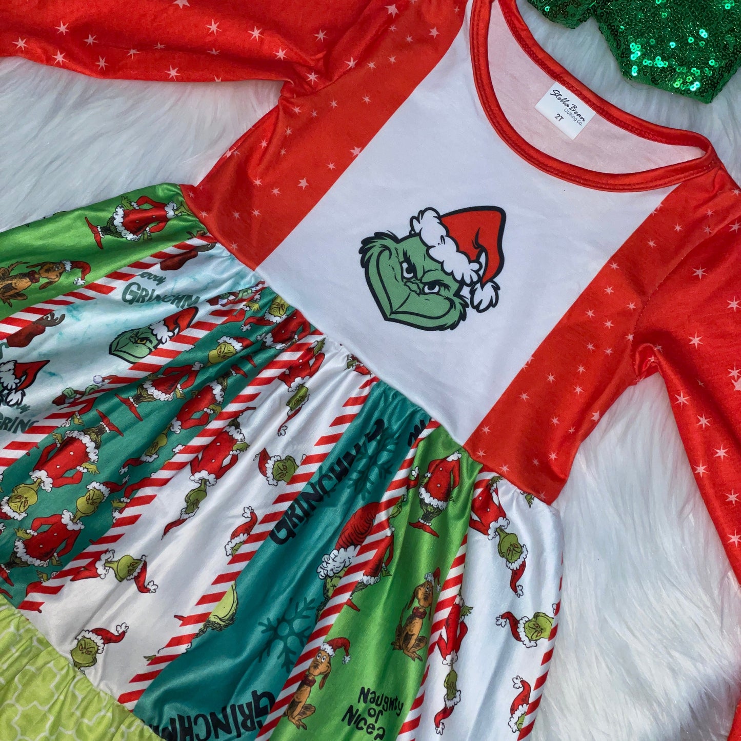 Red & Green Gr!nch Panel Long Sleeve Dress