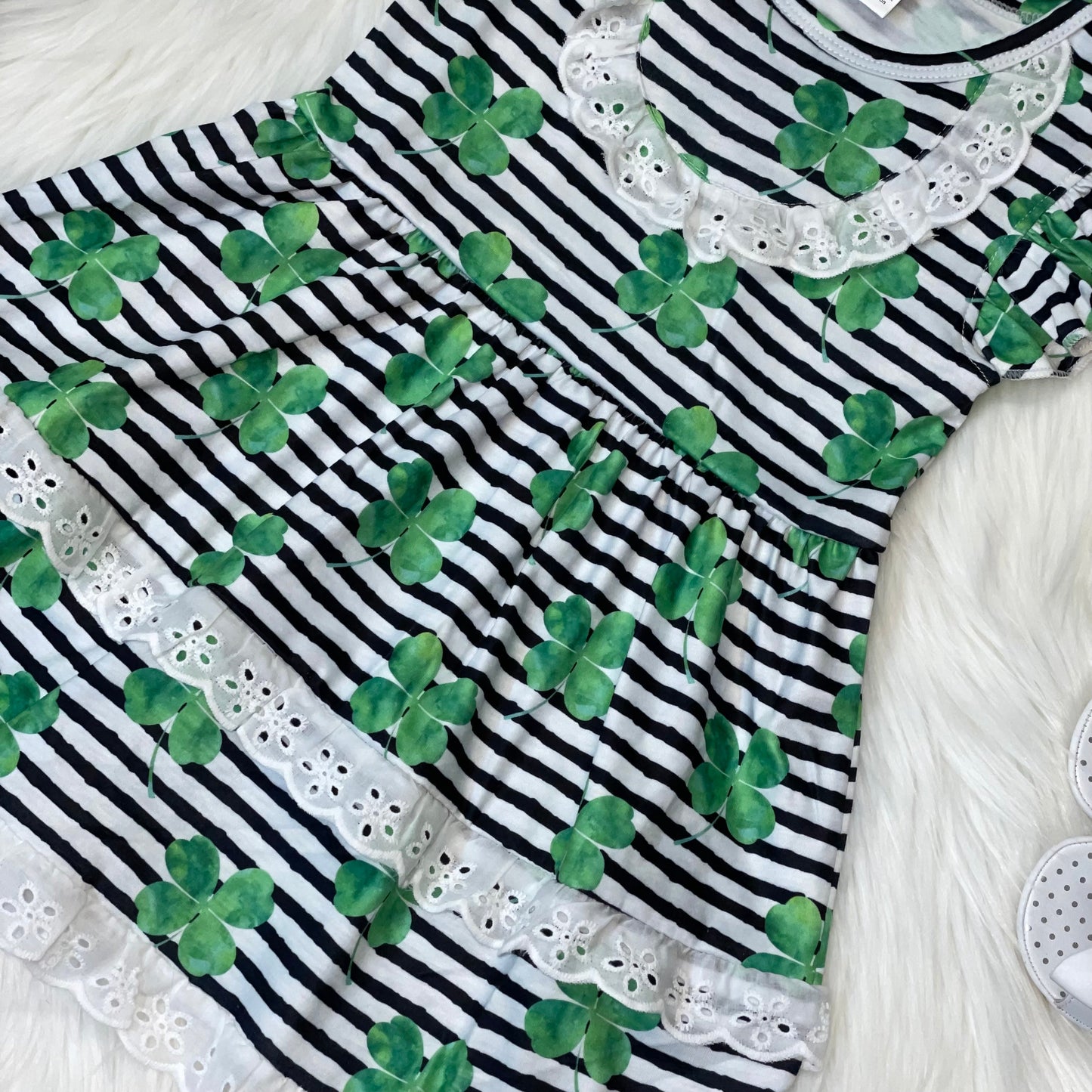 Shamrock Printed Striped Flutter Sleeve Dress with Eyelet Trim