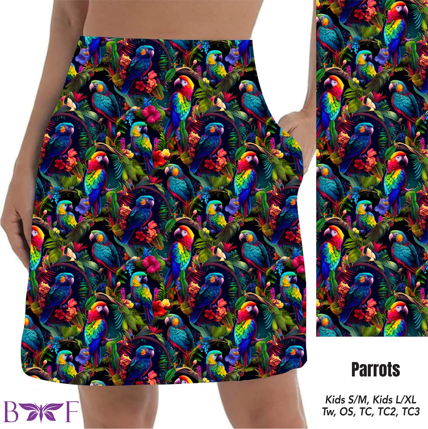 Tropical Parrot skorts and bike shorts with pockets