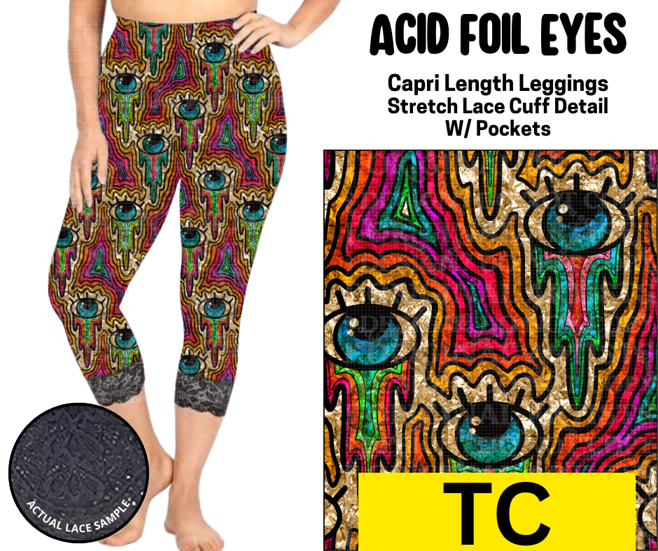 Acid Foil Eyes Lace Cuff Capris w/ Pockets