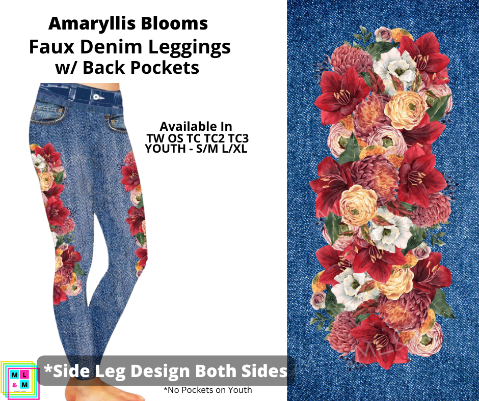 Amaryllis Blooms Full Length Faux Denim w/ Side Leg Designs