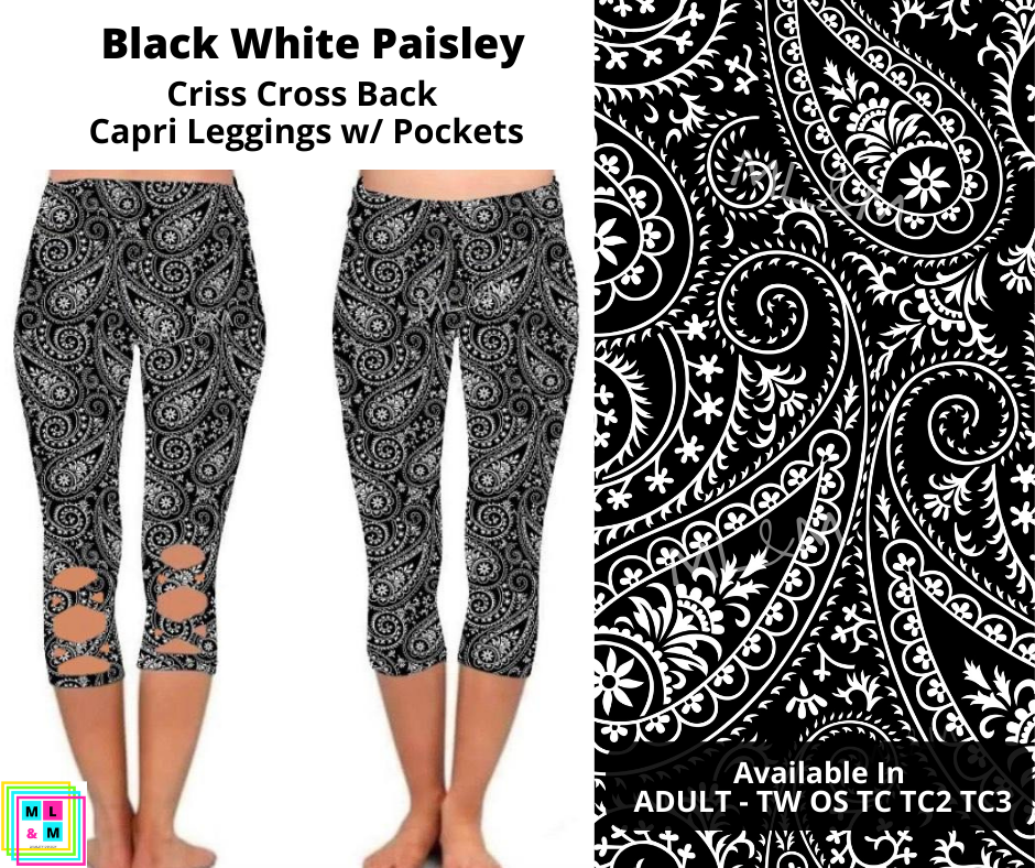 Black White Paisley Criss Cross Capri w/ Pockets