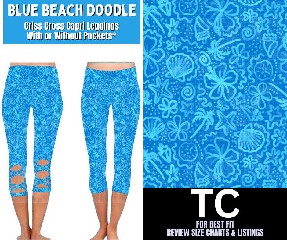 Blue Beach Doodle Criss Cross Capri w/ Pockets