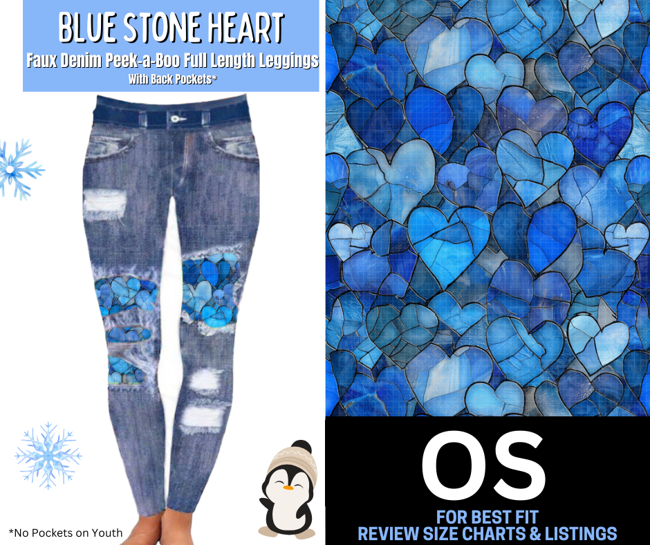 Blue Stone Heart Faux Denim Full Length Peekaboo Leggings