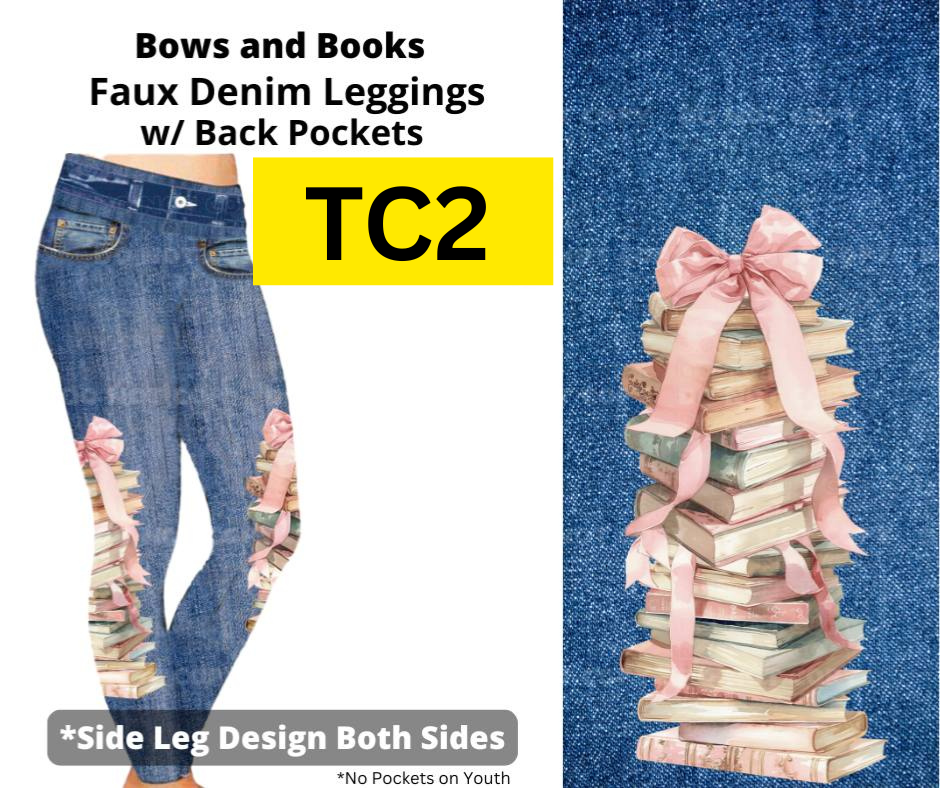 Bows and Books Full Length Faux Denim w/ Side Leg Designs