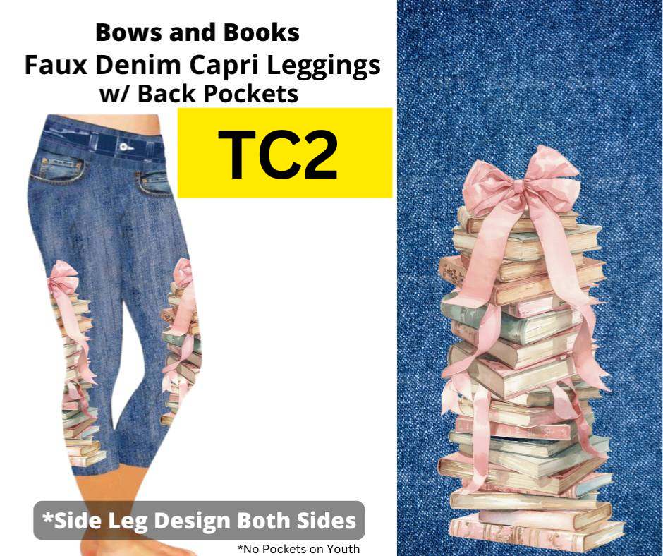 Bows and Books Capri Faux Denim w/ Side Leg Designs