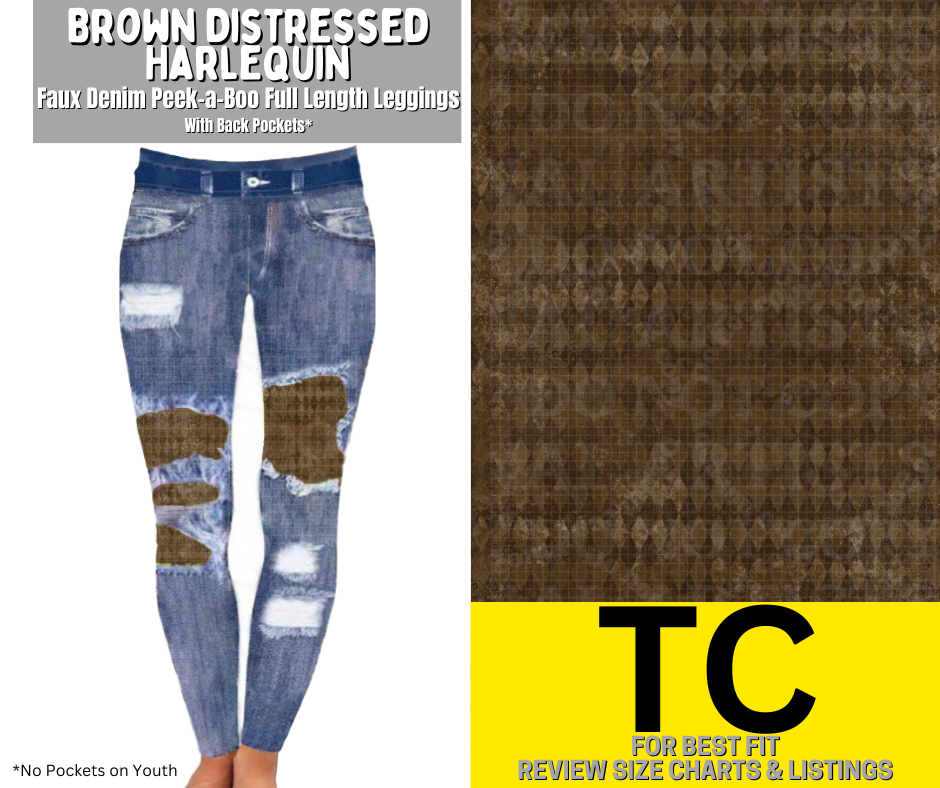 Brown Distressed Harlequin Faux Denim Full Length Peekaboo Leggings