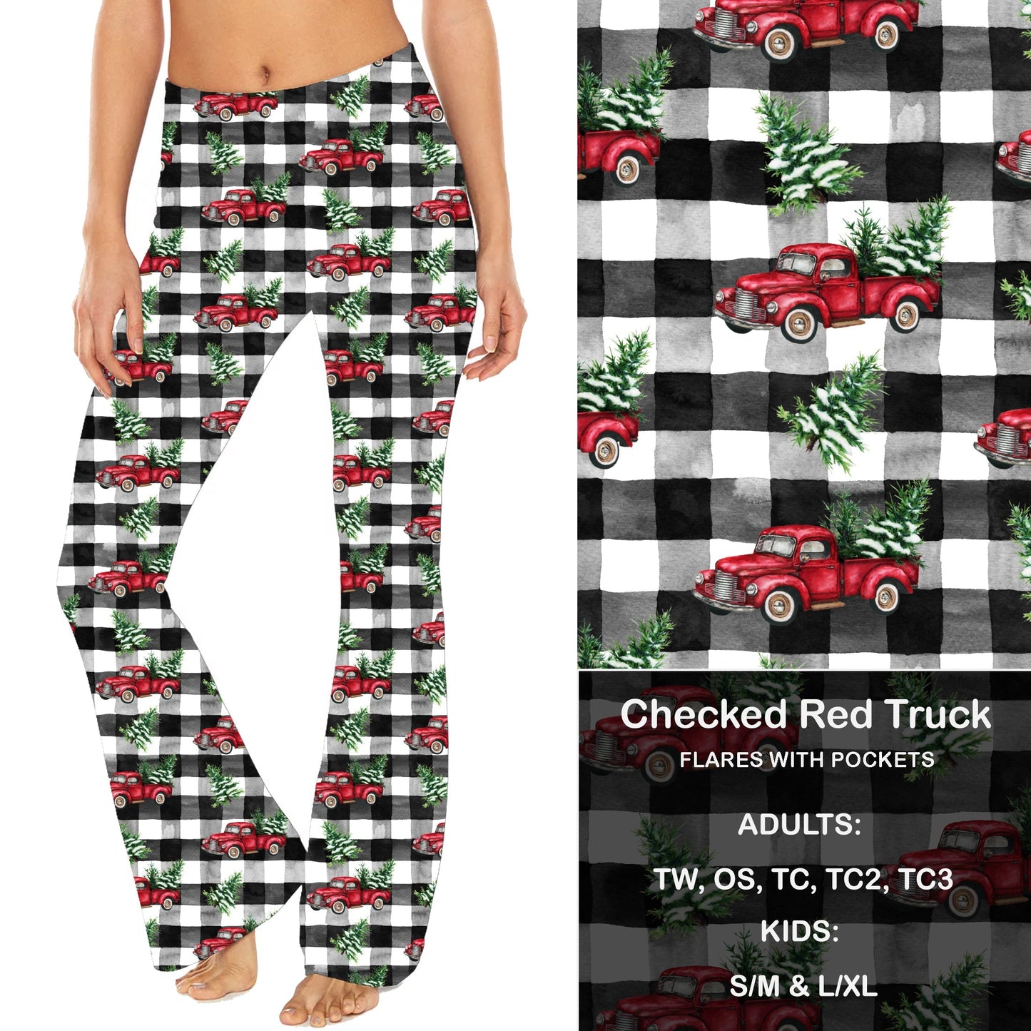 Checked Red Truck - Yoga Flares with Pockets