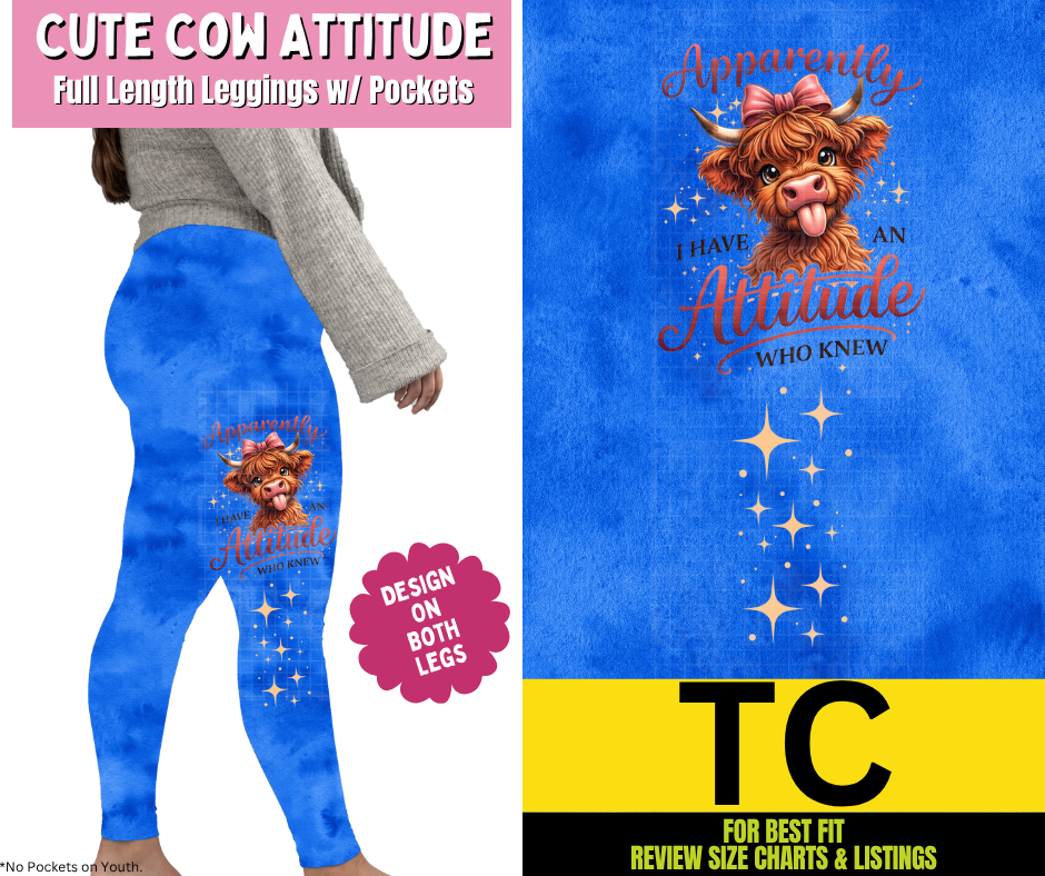 Cute Cow Attitude Watercolor Full Length Leggings w/ Side Leg Designs
