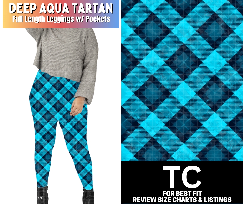Deep Aqua Tartan Leggings Choose Fleece or Traditional