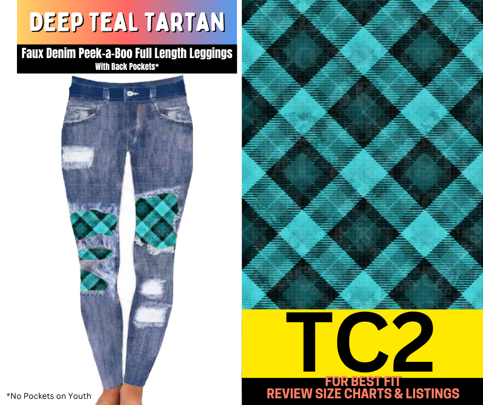 Deep Teal Tartan Faux Denim Full Length Peekaboo Leggings