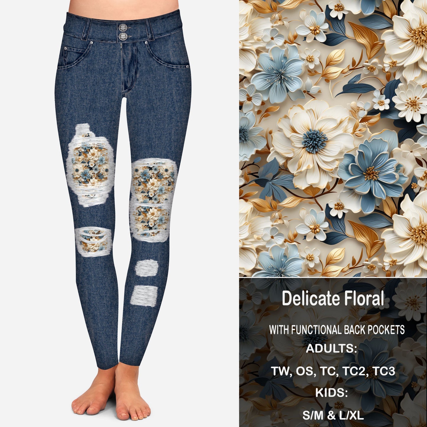 Delicate Floral Faux Denim Peekaboo Leggings with Pockets Preorder Closes 9/18 eta Late October