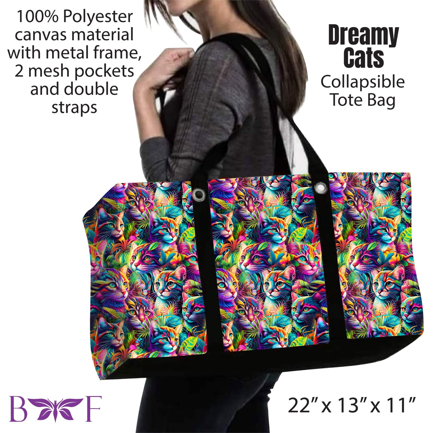 Dreamy Cats large tote and 2 inside mesh pockets