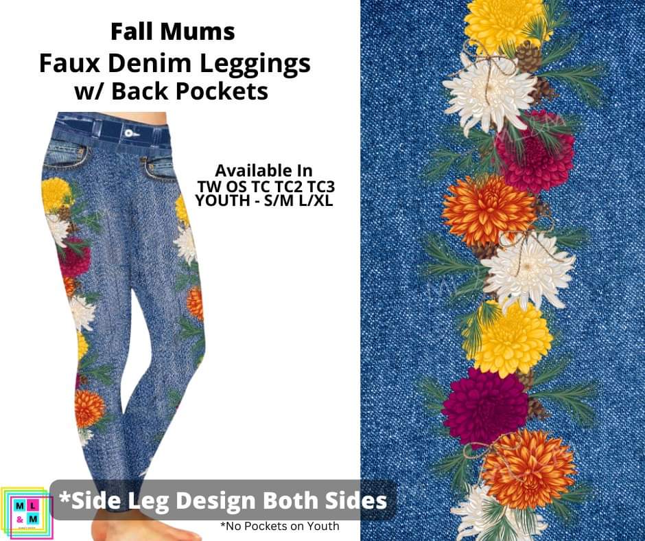 Fall Mums Full Length Faux Denim w/ Side Leg Designs