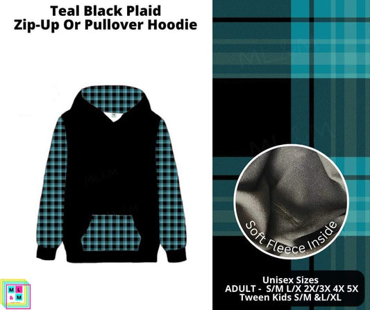 Teal Black Plaid Zip-Up or Pullover Hoodie