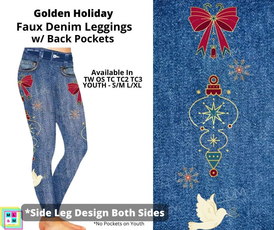 Golden Holiday Full Length Faux Denim w/ Side Leg Designs