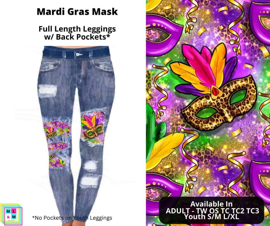 Mardi Gras Mask Faux Denim Full Length Peekaboo Leggings