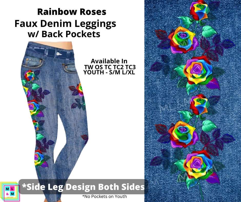 Rainbow Roses Full Length Faux Denim w/ Side Leg Designs