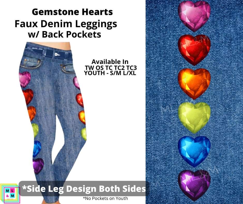 Gemstone Hearts Full Length Faux Denim w/ Side Leg Designs