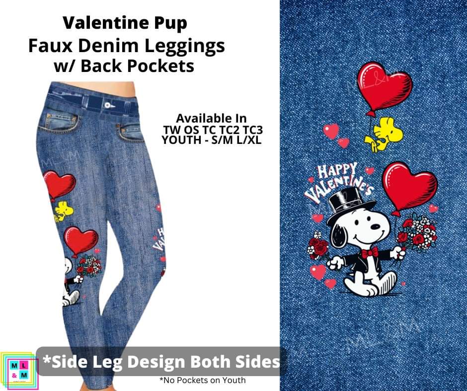 Valentine Pup Full Length Faux Denim w/ Side Leg Designs