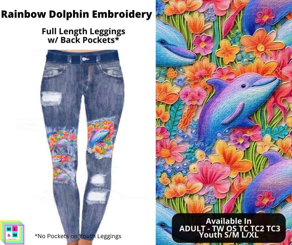 Rainbow Dolphin Embroidery Faux Denim Full Length Peekaboo Leggings