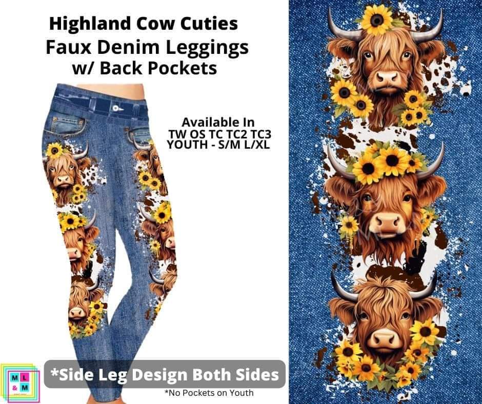 Highland Cow Cuties Full Length Faux Denim w/ Side Leg Designs