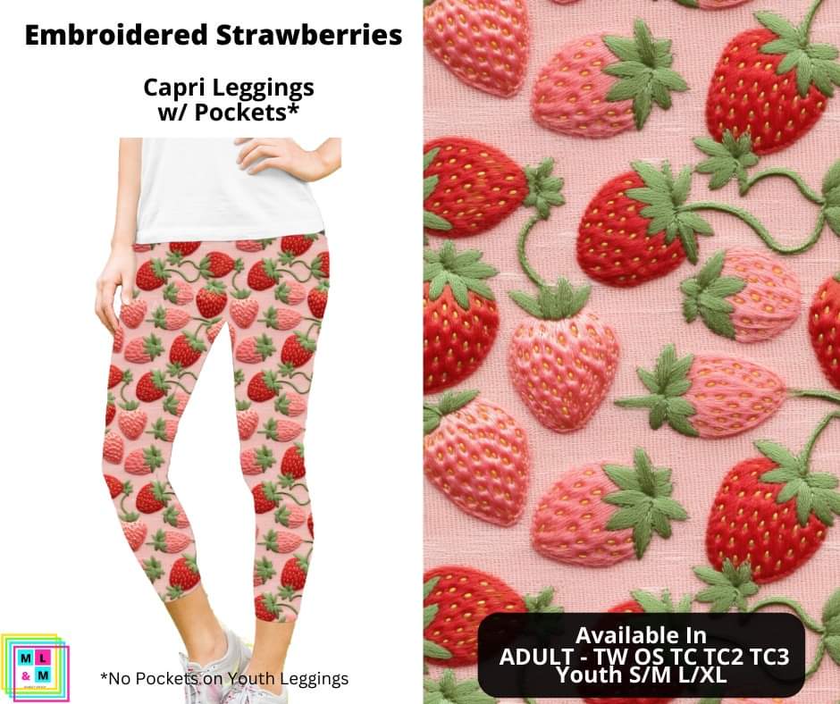 Embroidered Strawberries Capri Length w/ Pockets