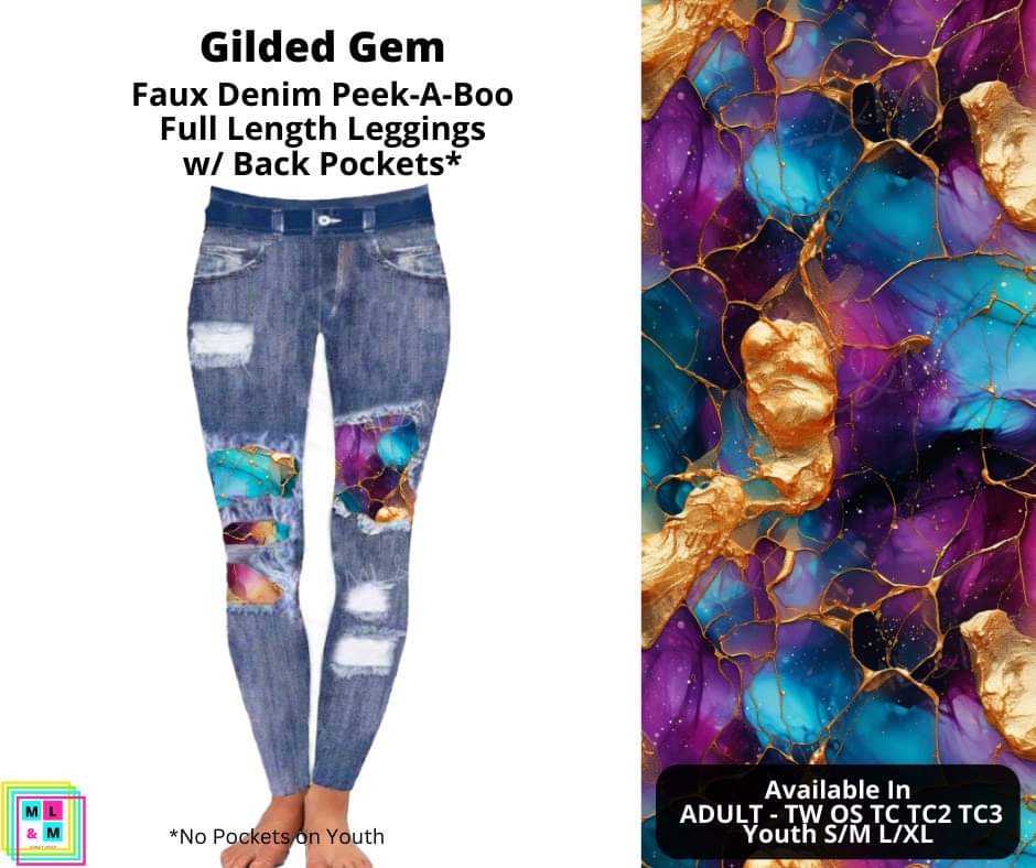 Gilded Gem Faux Denim Full Length Peekaboo Leggings