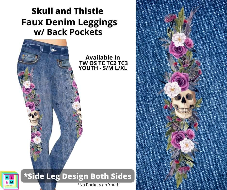 Skull and Thistle Full Length Faux Denim w/ Side Leg Designs