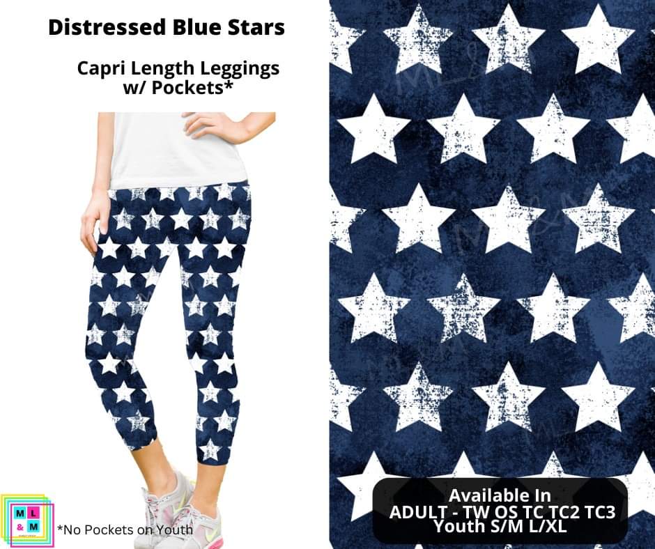 Distressed Blue Stars Capri Length w/ Pockets