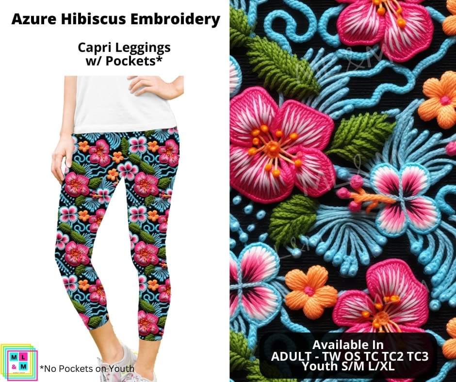 Azure Hibiscus Embroidery Capri Length w/ Pockets