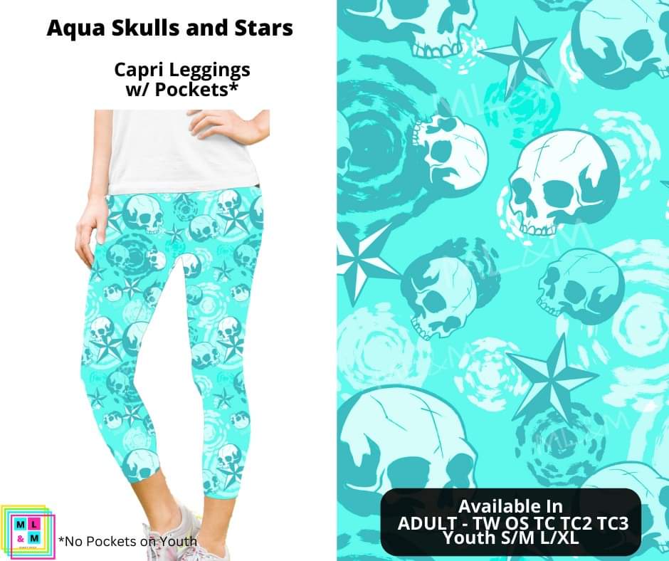 Aqua Skulls and Stars Capri Length w/ Pockets
