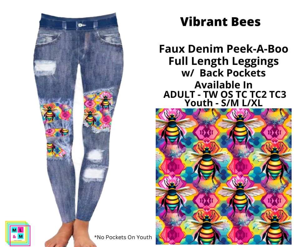 Vibrant Bees Faux Denim Full Length Peekaboo Leggings