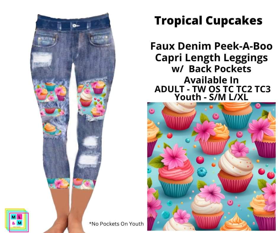 Tropical Cupcakes Faux Denim Peekaboo Capris