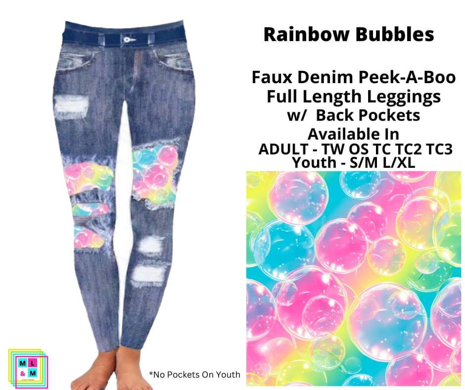 Rainbow Bubbles Faux Denim Full Length Peekaboo Leggings