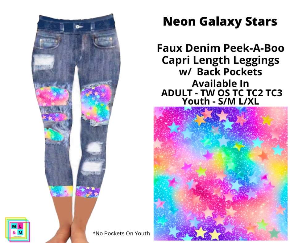 Neon Galaxy Stars Faux Denim Peekaboo Capris