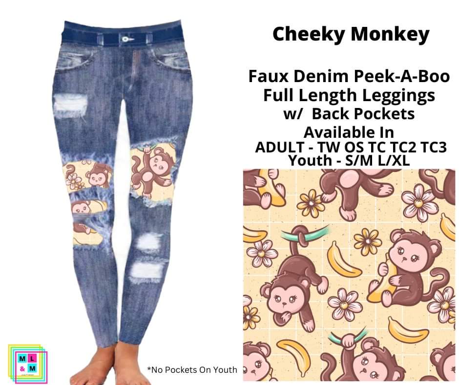 Cheeky Monkey Faux Denim Full Length Peekaboo Leggings
