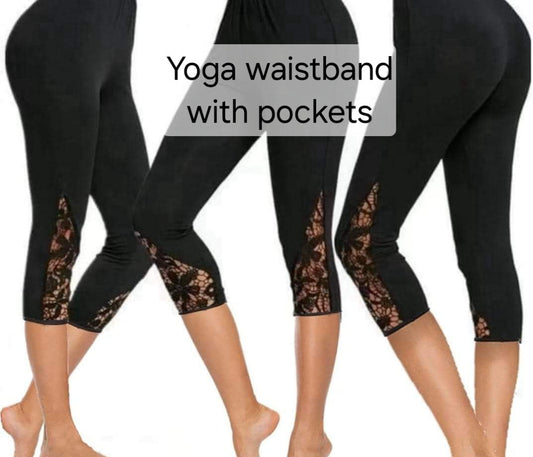 Black capris with pockets and lace inserts preorder#3020