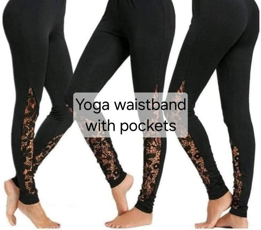 Black leggings with pockets with lace inserts preorder#3020