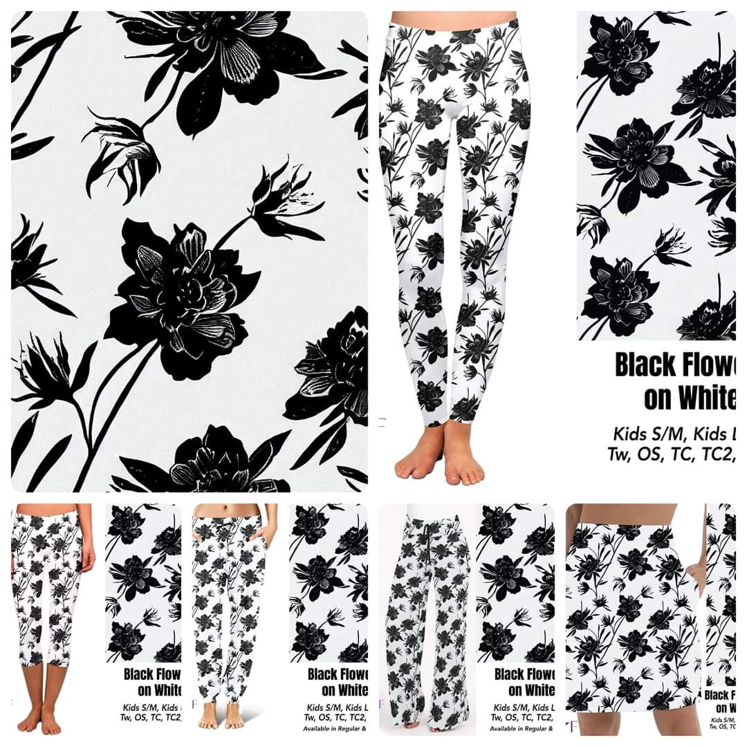 Black flower on white 8" biker shorts with pockets