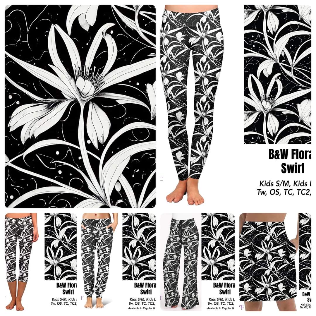 B&W Floral Swirl 8" biker shorts with pockets